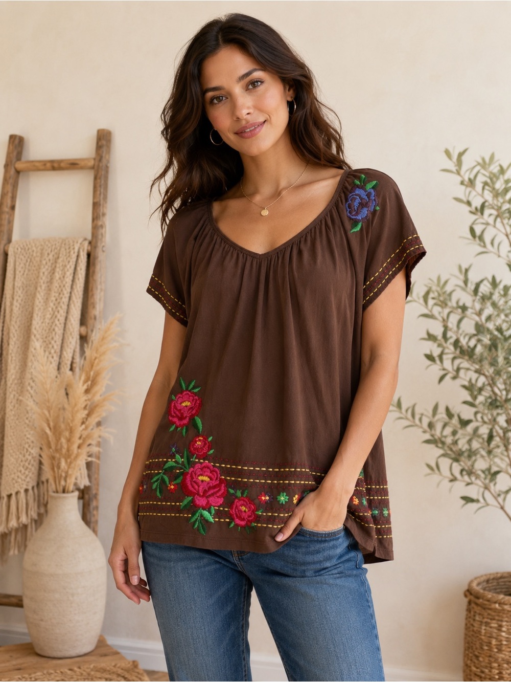 Johnny Was Brown Embroidered Floral Peasant Top